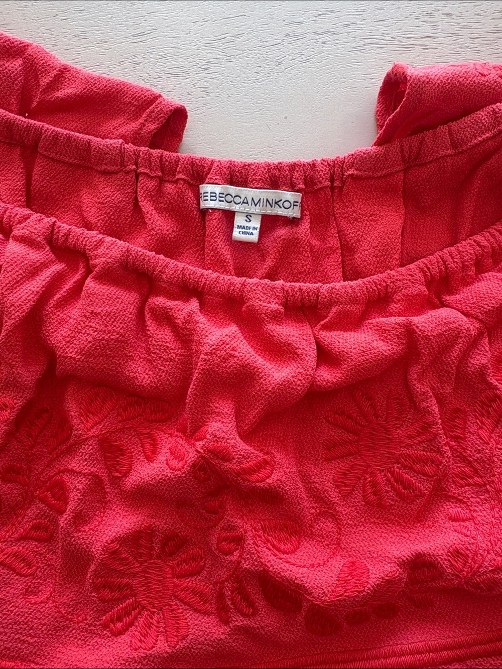 Rebecca Minkoff Coral Red Embroidered Off-Shoulder Top